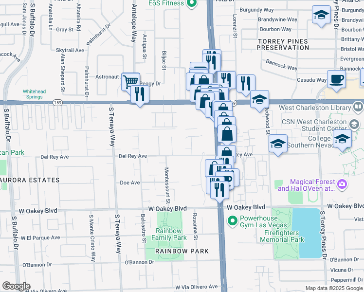 map of restaurants, bars, coffee shops, grocery stores, and more near 7040 Bailey Circle in Las Vegas