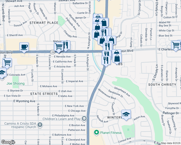 map of restaurants, bars, coffee shops, grocery stores, and more near 1405 South Nellis Boulevard in Las Vegas
