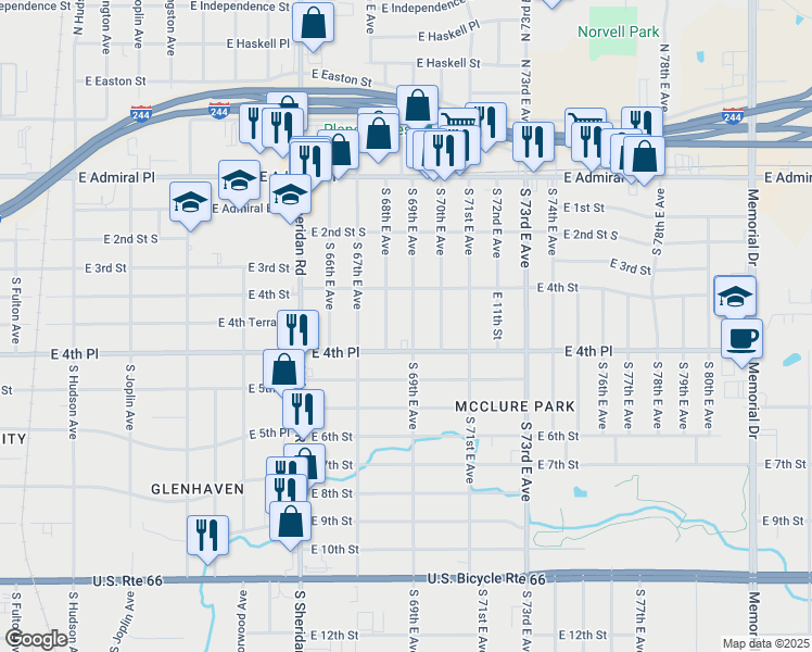 map of restaurants, bars, coffee shops, grocery stores, and more near 436 South 69th East Avenue in Tulsa