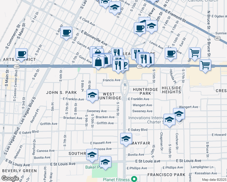 map of restaurants, bars, coffee shops, grocery stores, and more near 1121 Norman Ave in Las Vegas