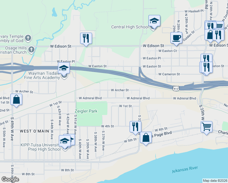 map of restaurants, bars, coffee shops, grocery stores, and more near 20 North 36th West Avenue in Tulsa