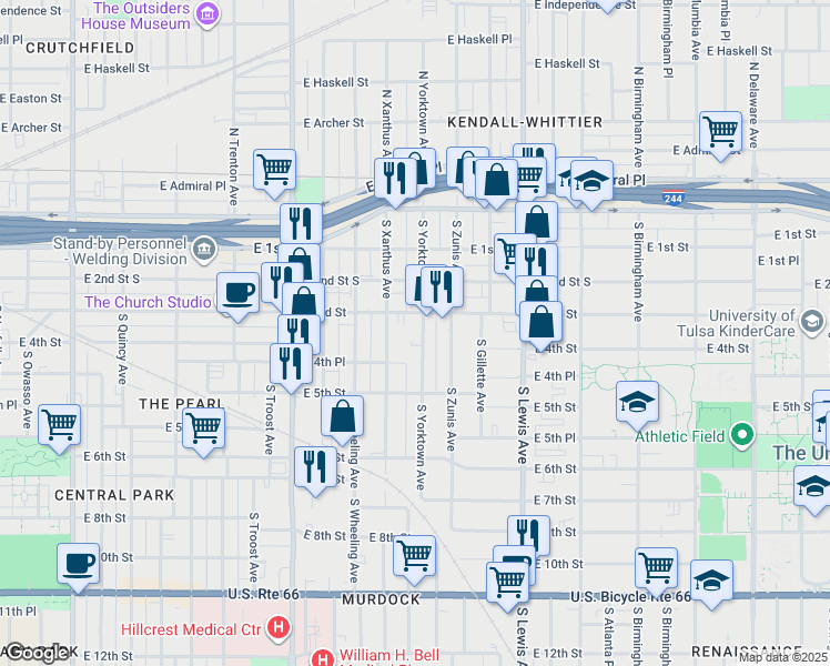 map of restaurants, bars, coffee shops, grocery stores, and more near 318 South Yorktown Avenue in Tulsa