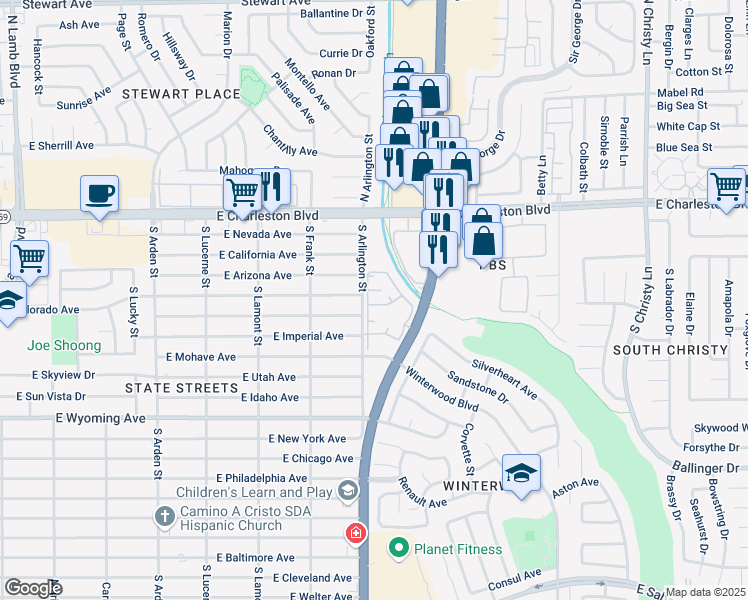 map of restaurants, bars, coffee shops, grocery stores, and more near 1405 South Nellis Boulevard in Las Vegas