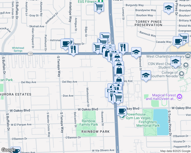 map of restaurants, bars, coffee shops, grocery stores, and more near 7040 Bailey Circle in Las Vegas