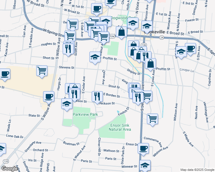 map of restaurants, bars, coffee shops, grocery stores, and more near 49a Stout Street in Cookeville