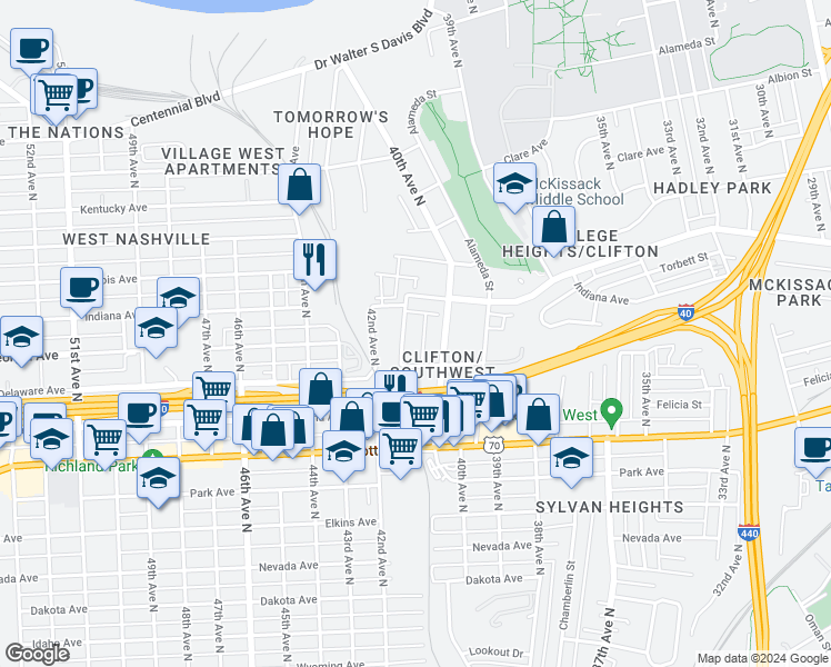 map of restaurants, bars, coffee shops, grocery stores, and more near 613 40th Avenue North in Nashville