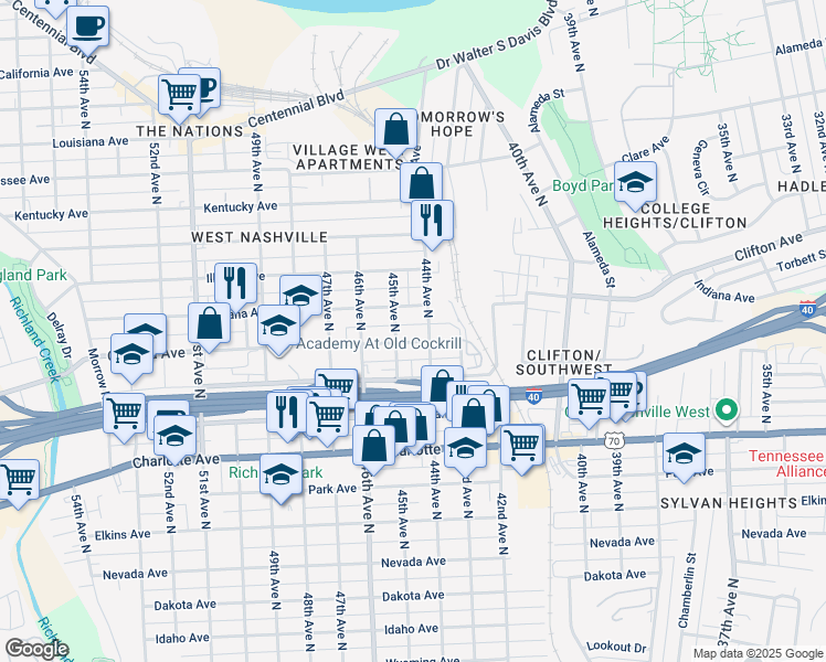 map of restaurants, bars, coffee shops, grocery stores, and more near 702 45th Avenue North in Nashville