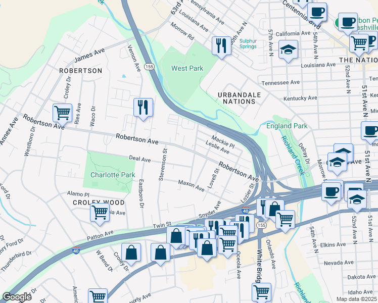 map of restaurants, bars, coffee shops, grocery stores, and more near 5830 Robertson Avenue in Nashville