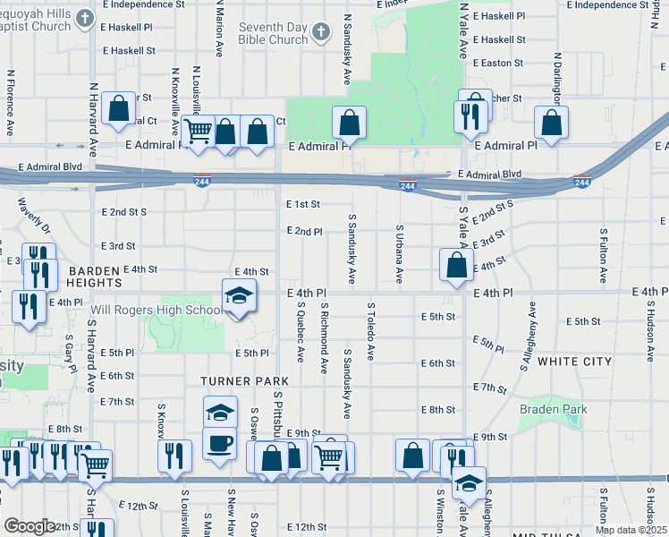 map of restaurants, bars, coffee shops, grocery stores, and more near 242 South Sandusky Avenue in Tulsa