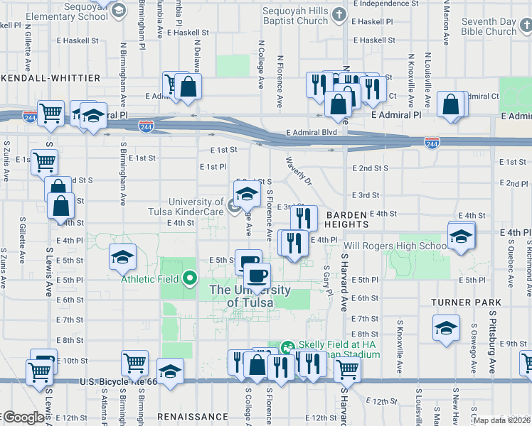 map of restaurants, bars, coffee shops, grocery stores, and more near 3106 East 3rd Street in Tulsa