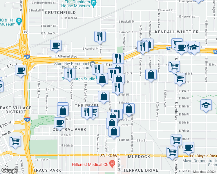 map of restaurants, bars, coffee shops, grocery stores, and more near 1623 East 4th Street in Tulsa