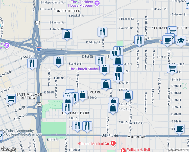 map of restaurants, bars, coffee shops, grocery stores, and more near 321 South Rockford Avenue in Tulsa