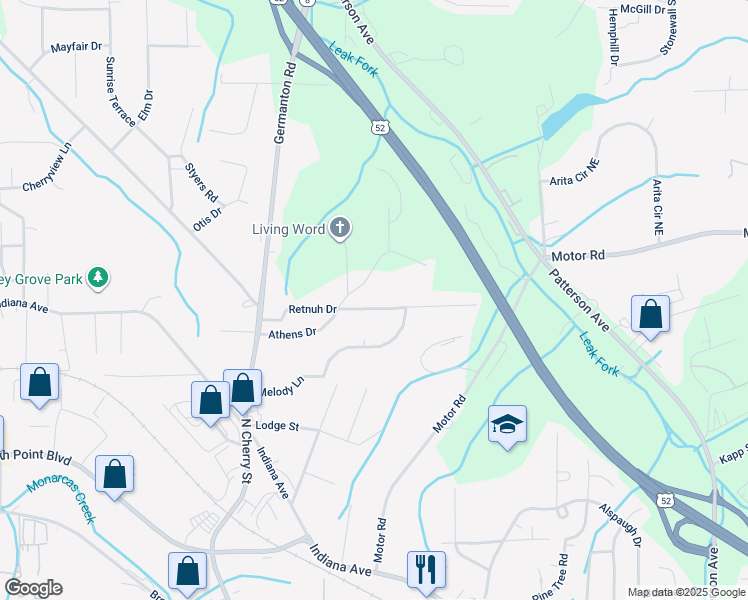 map of restaurants, bars, coffee shops, grocery stores, and more near 233 Retnuh Drive in Winston-Salem