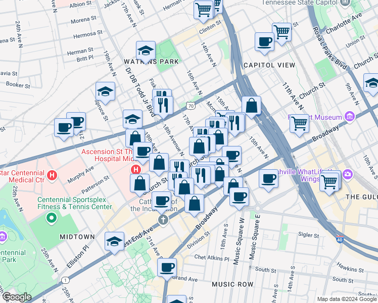 map of restaurants, bars, coffee shops, grocery stores, and more near 1713 State Street in Nashville