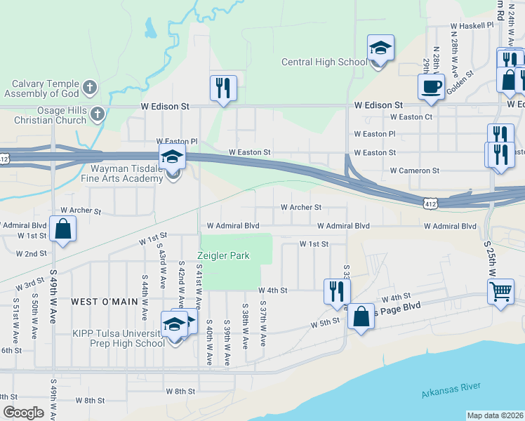 map of restaurants, bars, coffee shops, grocery stores, and more near 3716 West Archer Street in Tulsa