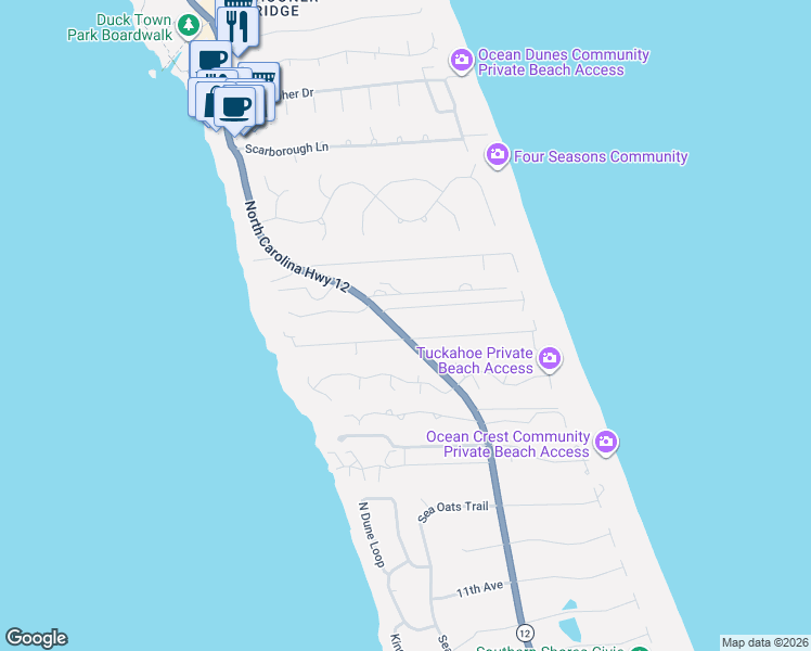 map of restaurants, bars, coffee shops, grocery stores, and more near 1135 Duck Rd in Kitty Hawk