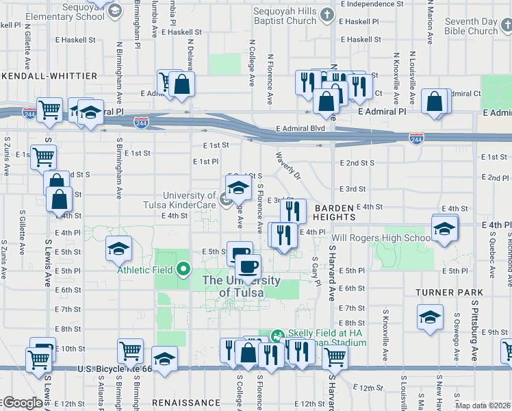 map of restaurants, bars, coffee shops, grocery stores, and more near 3106 East 3rd Street in Tulsa