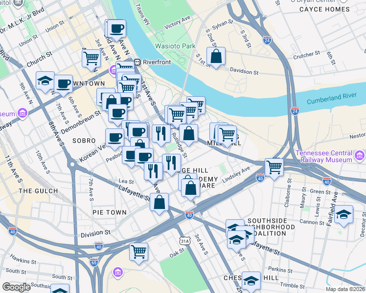 map of restaurants, bars, coffee shops, grocery stores, and more near in Nashville