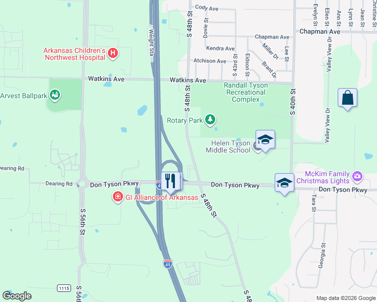 map of restaurants, bars, coffee shops, grocery stores, and more near 3320 South 48th Street in Springdale