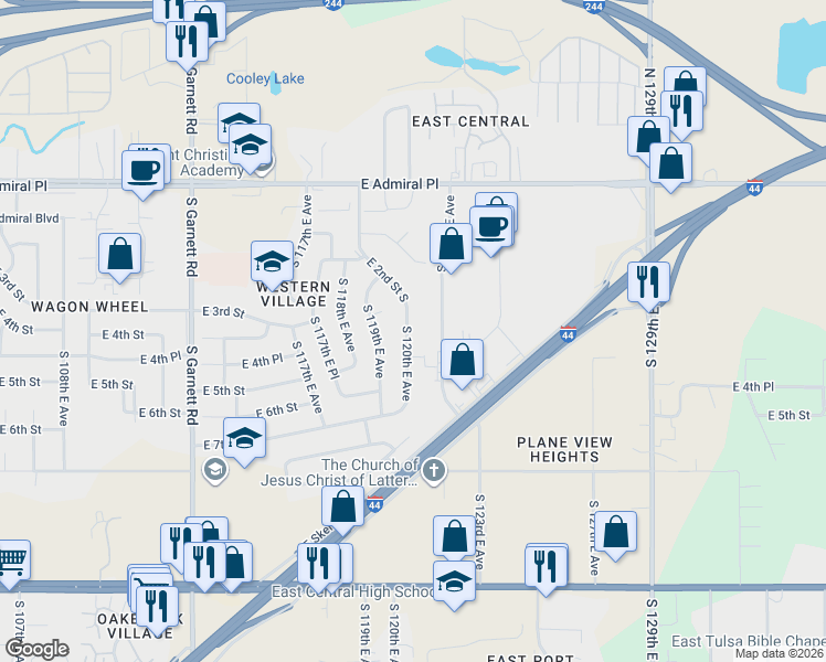 map of restaurants, bars, coffee shops, grocery stores, and more near 231 South 120th East Avenue in Tulsa