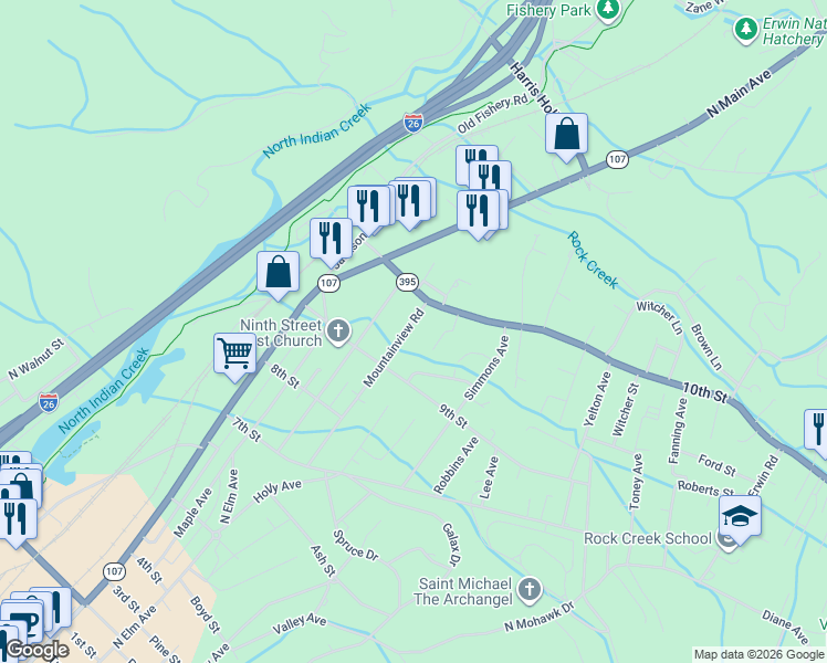 map of restaurants, bars, coffee shops, grocery stores, and more near 1140 Mountainview Road in Erwin