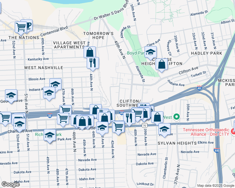 map of restaurants, bars, coffee shops, grocery stores, and more near 623 41st Avenue North in Nashville