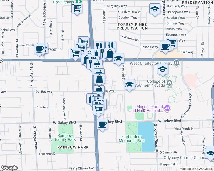 map of restaurants, bars, coffee shops, grocery stores, and more near 1325 Kari Lee Court in Las Vegas