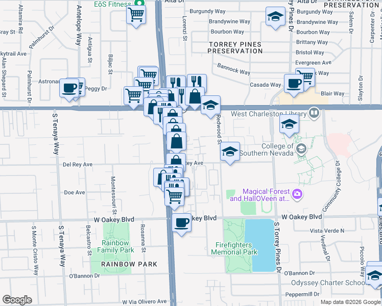 map of restaurants, bars, coffee shops, grocery stores, and more near 1325 Kari Lee Court in Las Vegas
