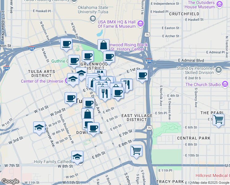map of restaurants, bars, coffee shops, grocery stores, and more near 510 East 2nd Street in Tulsa