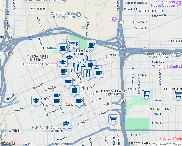 map of restaurants, bars, coffee shops, grocery stores, and more near 323 East 2nd Street in Tulsa