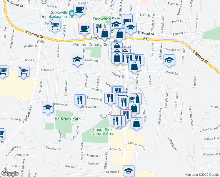 map of restaurants, bars, coffee shops, grocery stores, and more near 159 King Street in Cookeville