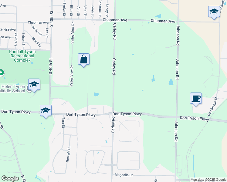 map of restaurants, bars, coffee shops, grocery stores, and more near 2401 Carley Road in Springdale