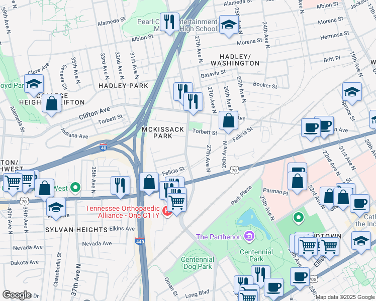 map of restaurants, bars, coffee shops, grocery stores, and more near 2721 Delaware Ave in Nashville