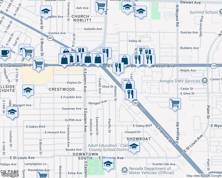 map of restaurants, bars, coffee shops, grocery stores, and more near 1220 Atlantic Street in Las Vegas