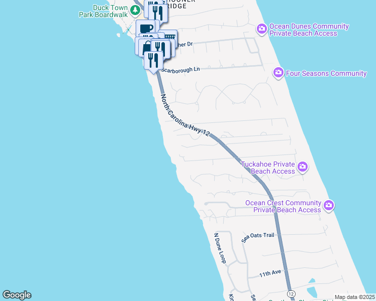 map of restaurants, bars, coffee shops, grocery stores, and more near 115 Osprey Ridge Road in Kitty Hawk