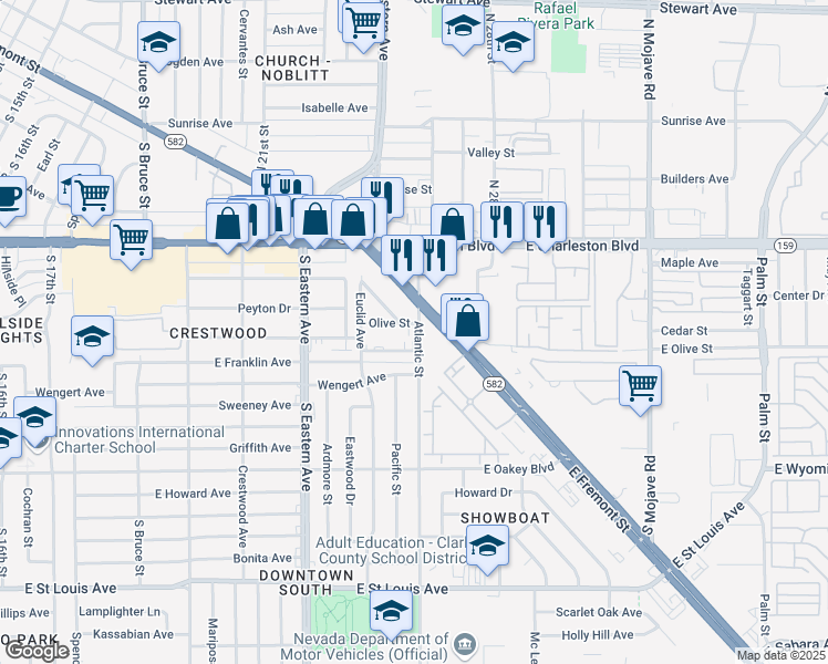 map of restaurants, bars, coffee shops, grocery stores, and more near 1220 Atlantic Street in Las Vegas
