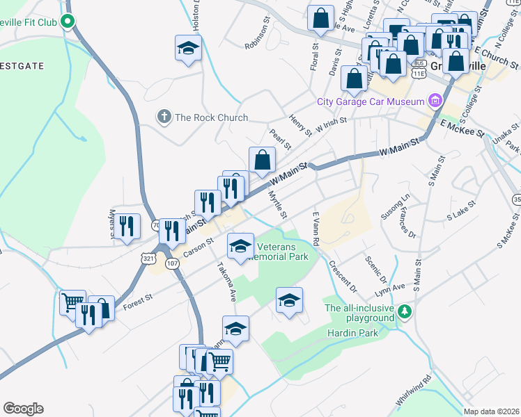 map of restaurants, bars, coffee shops, grocery stores, and more near 810 Carson Street in Greeneville