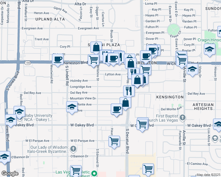 map of restaurants, bars, coffee shops, grocery stores, and more near 5201 Longridge Avenue in Las Vegas