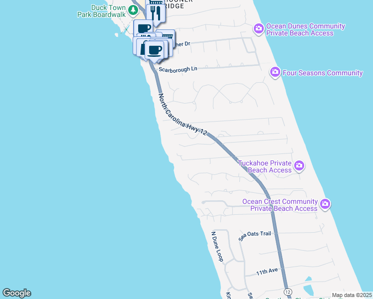 map of restaurants, bars, coffee shops, grocery stores, and more near 115 Osprey Ridge Road in Kitty Hawk