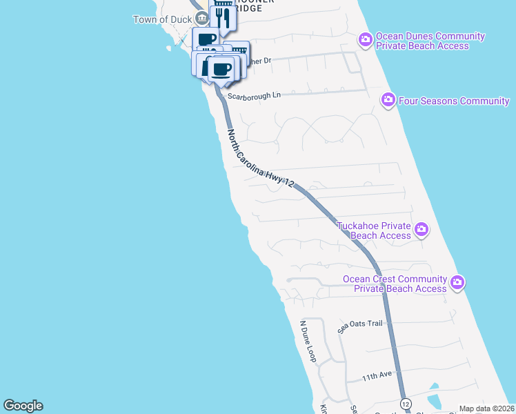map of restaurants, bars, coffee shops, grocery stores, and more near 117 Osprey Ridge Road in Kitty Hawk