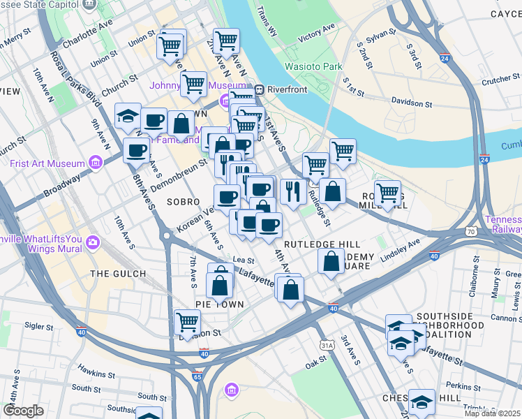 map of restaurants, bars, coffee shops, grocery stores, and more near 379 Peabody Street in Nashville