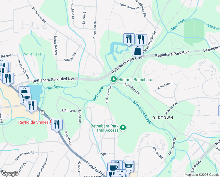 map of restaurants, bars, coffee shops, grocery stores, and more near 2025 Clyde Hayes Drive in Winston-Salem