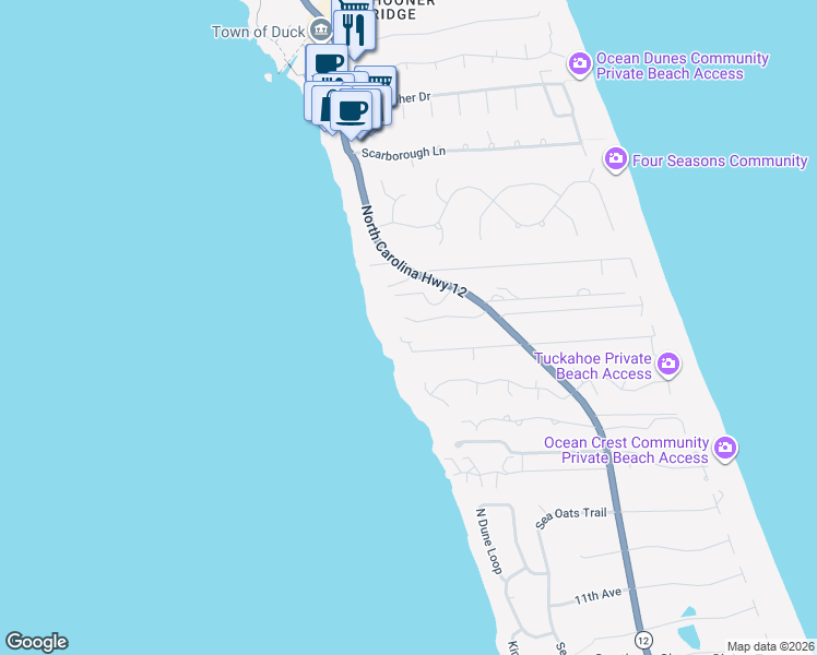 map of restaurants, bars, coffee shops, grocery stores, and more near 117 Osprey Ridge Road in Kitty Hawk