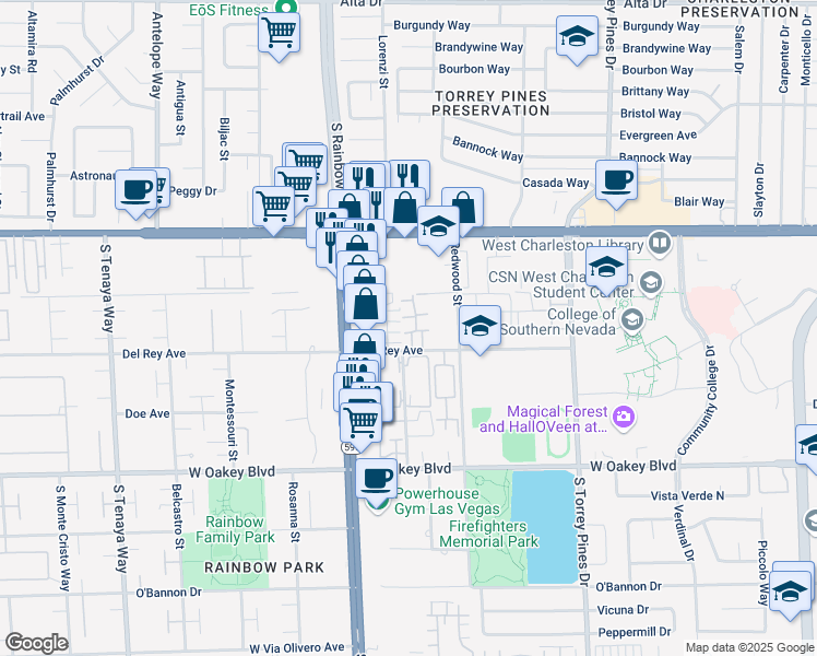 map of restaurants, bars, coffee shops, grocery stores, and more near 6750 Del Rey Avenue in Las Vegas