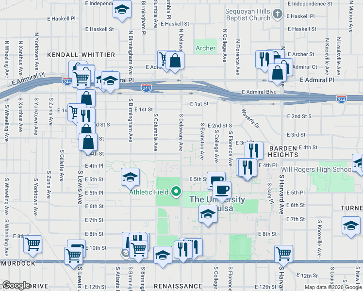 map of restaurants, bars, coffee shops, grocery stores, and more near 2806 East 3rd Street in Tulsa