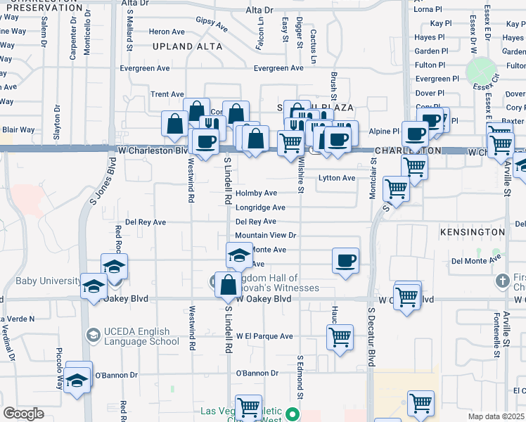 map of restaurants, bars, coffee shops, grocery stores, and more near 5401 Longridge Avenue in Las Vegas