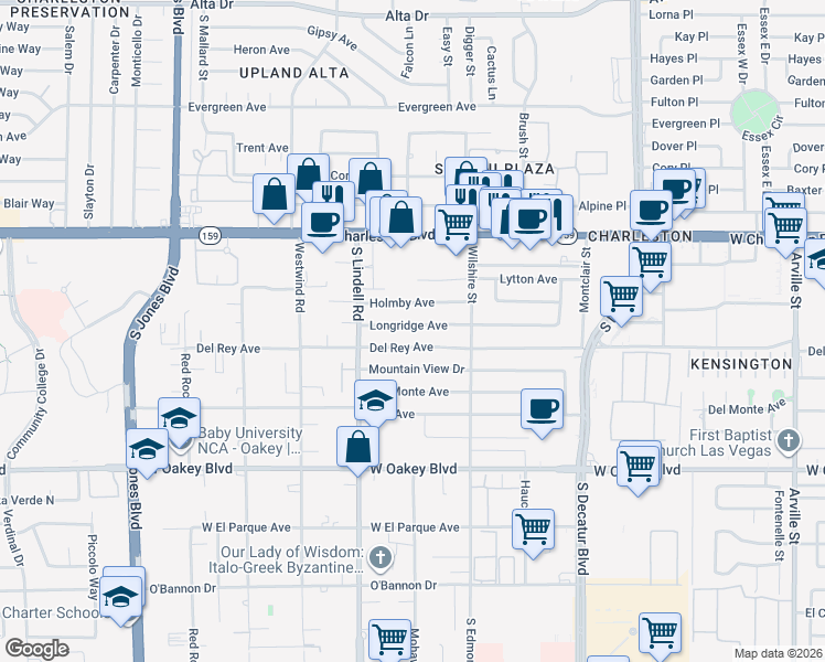 map of restaurants, bars, coffee shops, grocery stores, and more near 5401 Longridge Avenue in Las Vegas