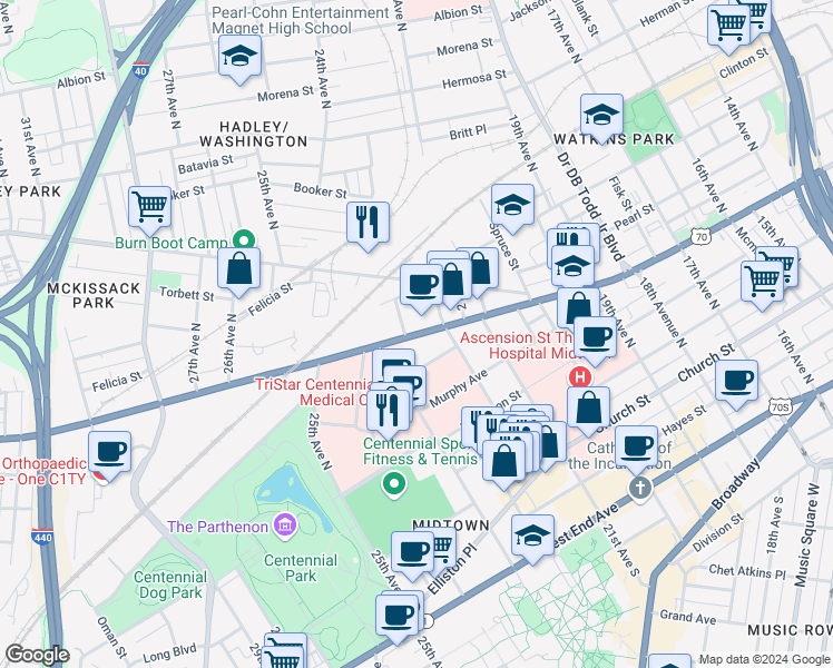 map of restaurants, bars, coffee shops, grocery stores, and more near in Nashville