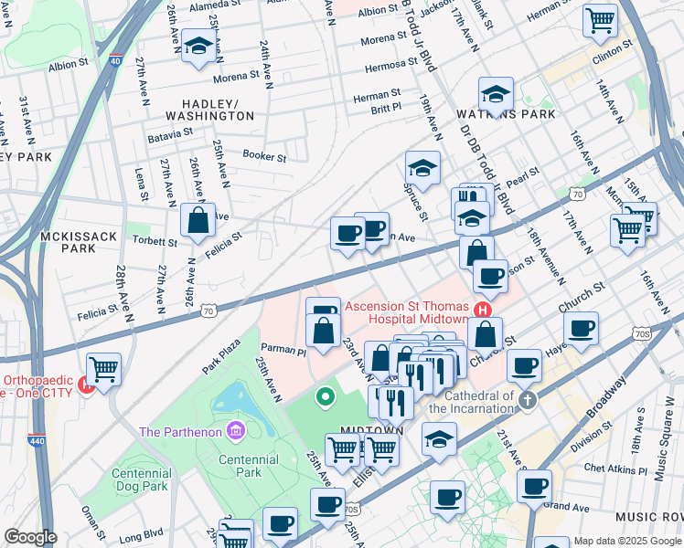 map of restaurants, bars, coffee shops, grocery stores, and more near in Nashville