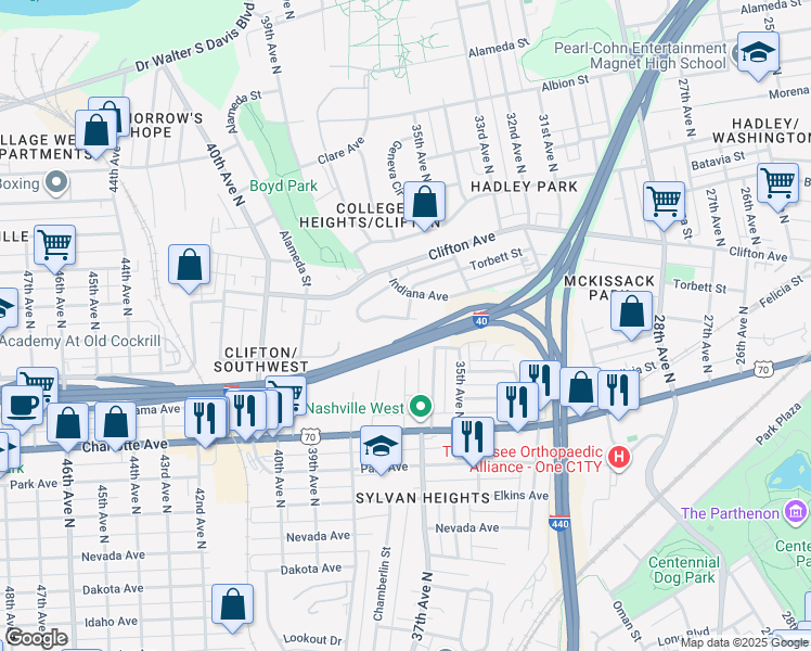 map of restaurants, bars, coffee shops, grocery stores, and more near 3662B Georgia Court in Nashville